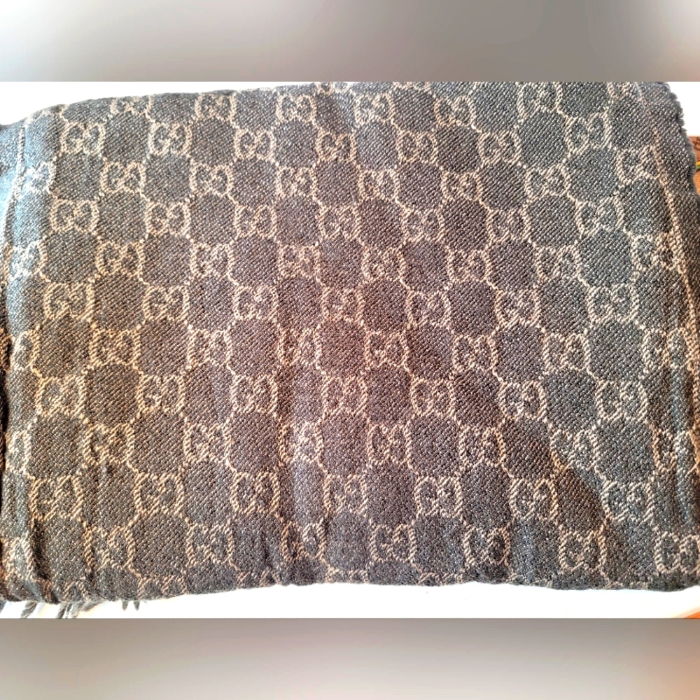 GUCCI Black GG Monogram Silk Wool Mix Scarf Unisex